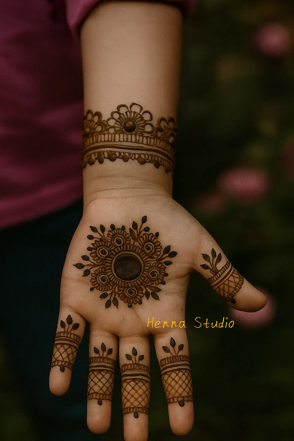 Simple Front Hand Mehndi Design with Gol Tikki and Jaal for Diwali