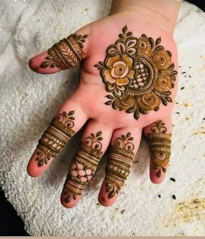 Arabic Indian Finger Mehndi Design with Gol Tikki and Flowers