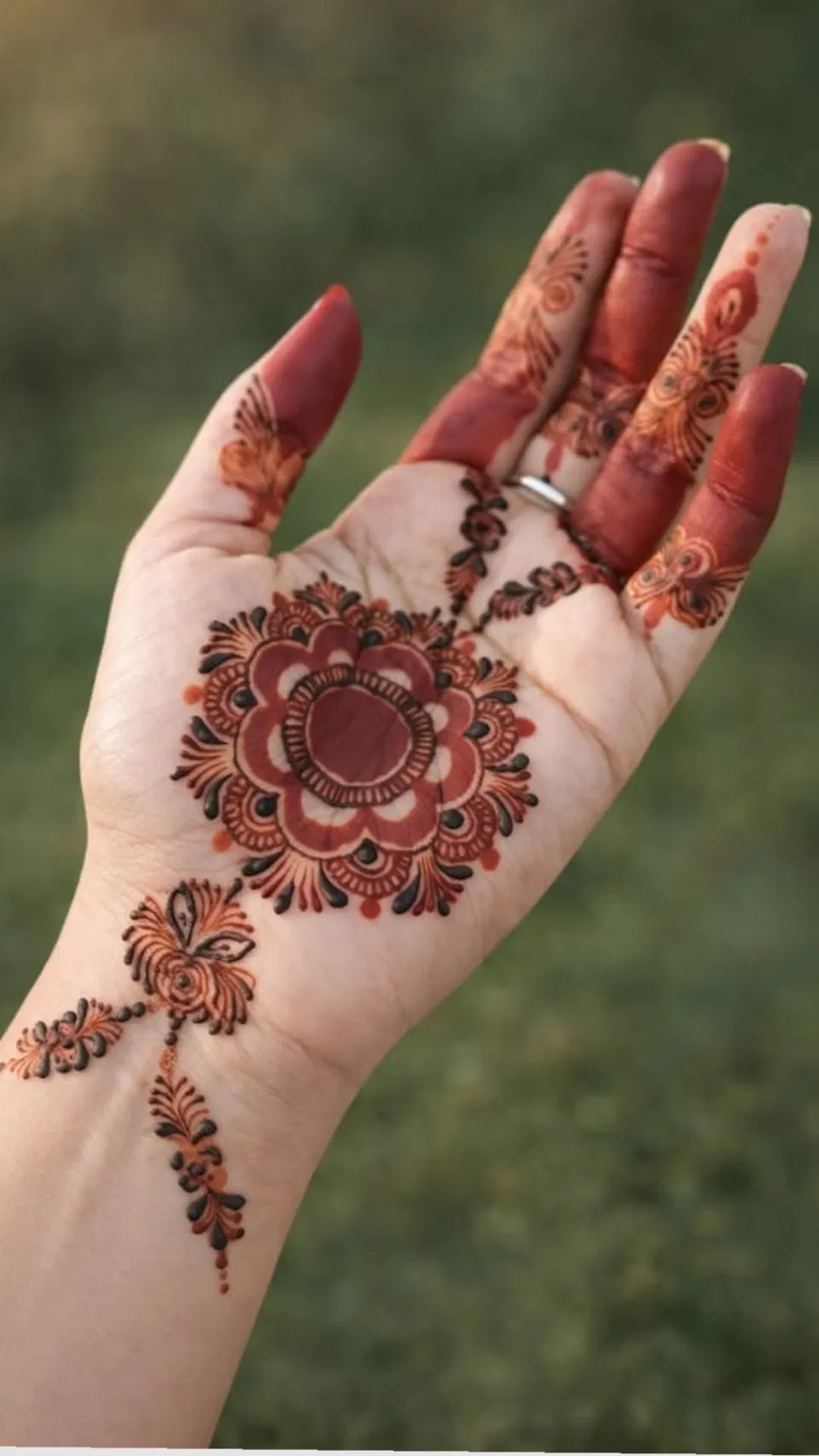 Aesthetic Arabic Finger Mehndi Design with Bel and Gol Tikki for Teej