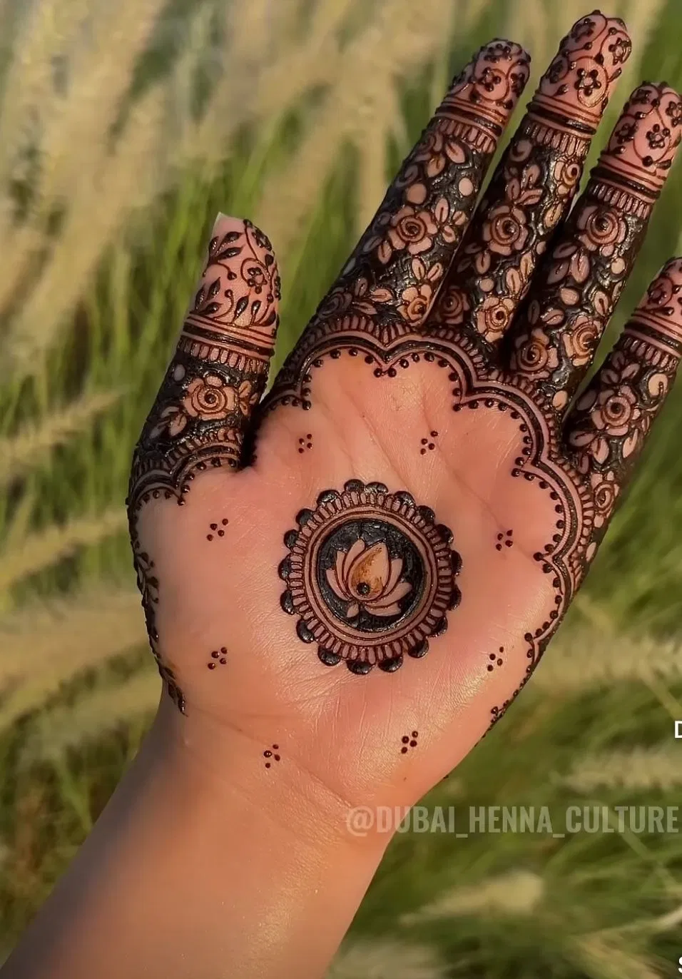 Aesthetic Arabic Front Hand Mehndi Design with Gol Tikki, Jaal and Lotus for Diwali