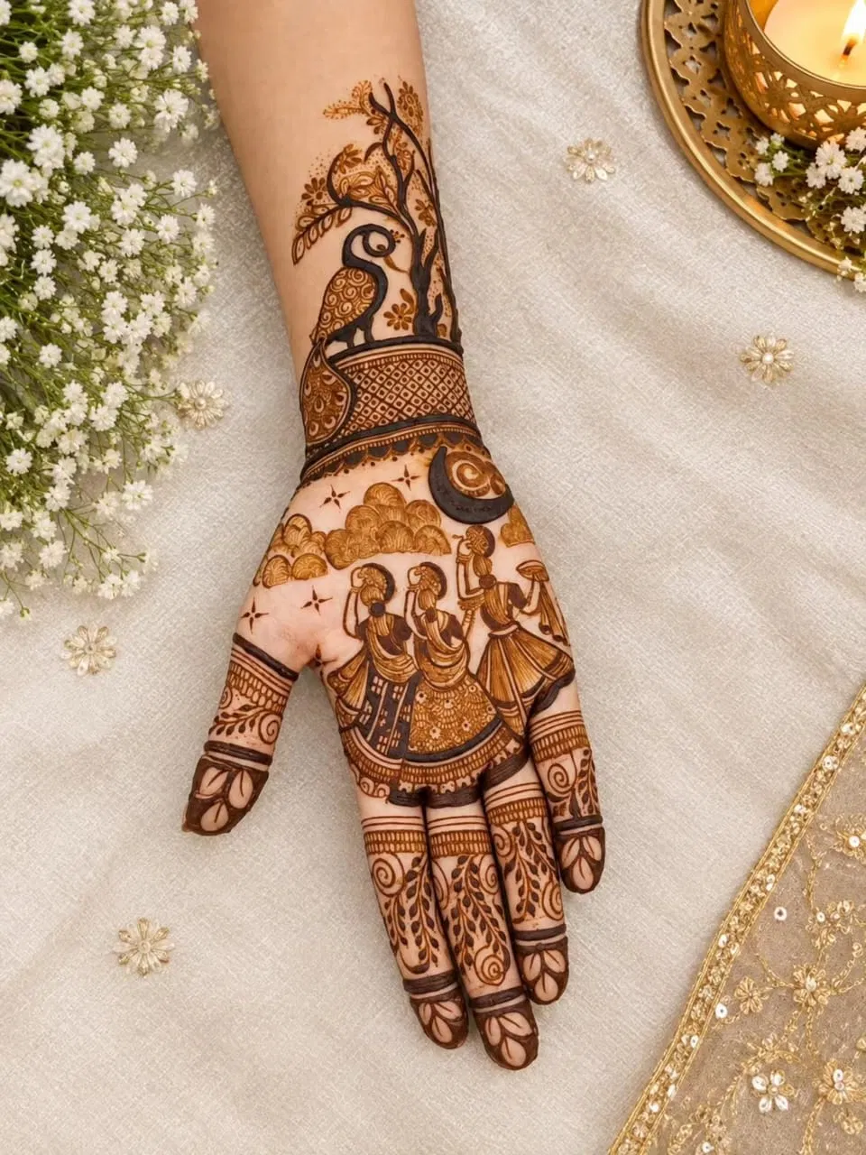 Stylish Front Hand Mehndi Design with Figures and Peacock for Karwa Chauth