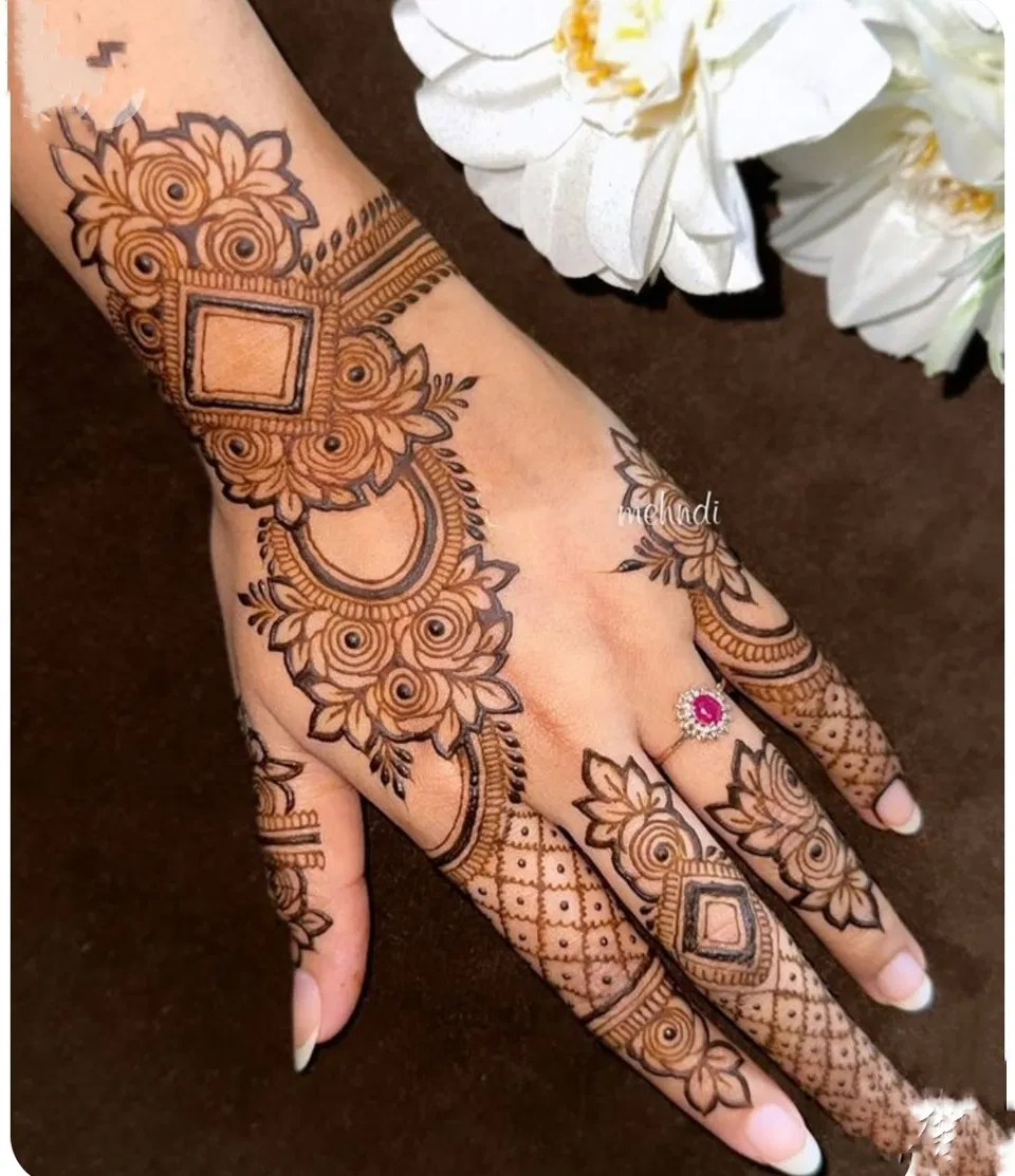 Aesthetic Royal Back Hand Mehndi Design with Gol Tikki, Flowers and Lotus (5)
