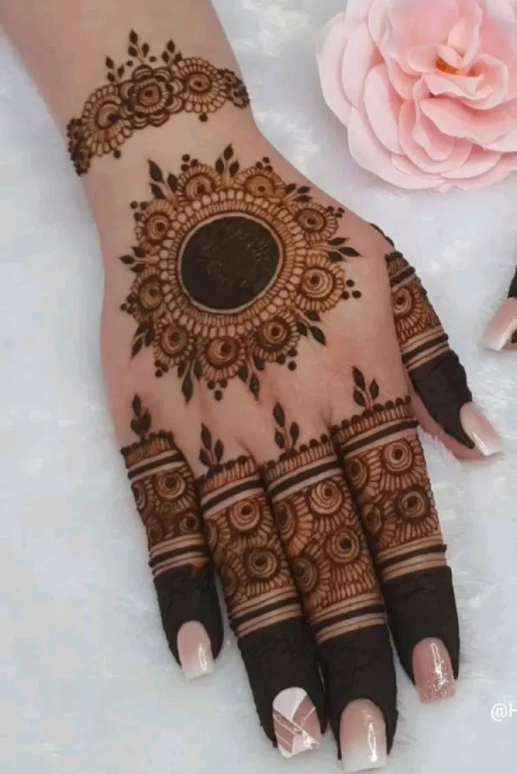 Aesthetic Simple Back Hand Mehndi Design with Gol Tikki and Flowers (9)