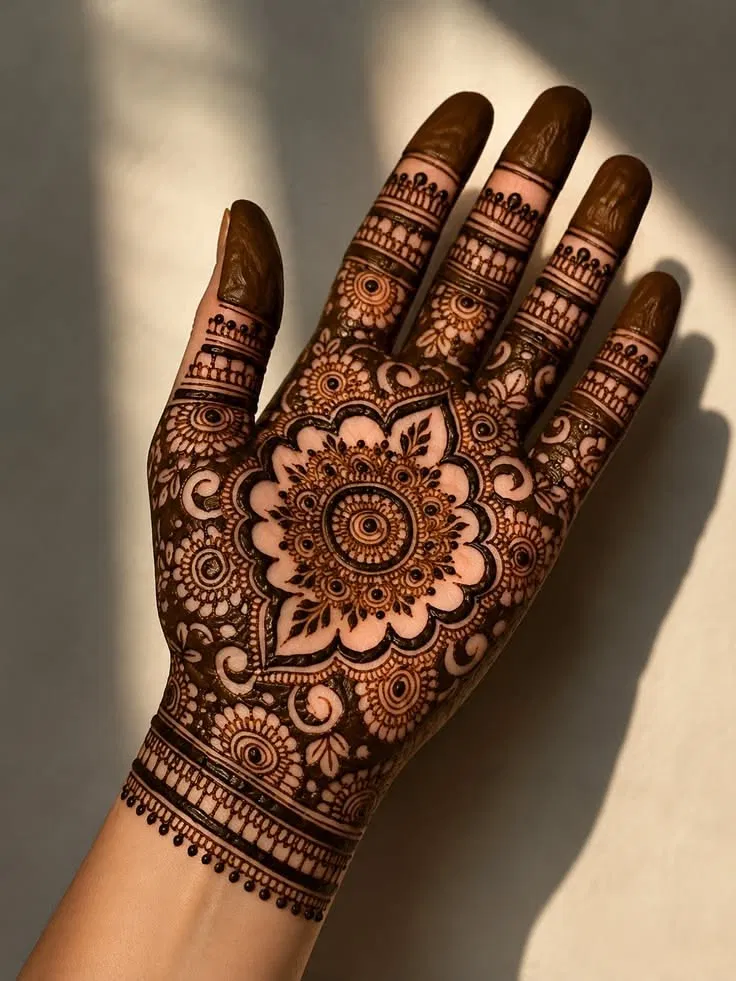 Arabic Bridal Front Hand Mehndi Design with Gol Tikki and Flowers for Diwali (2)