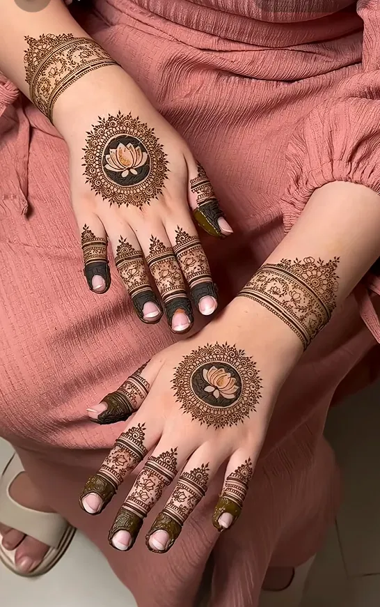 Royal Back Hand Mehndi Design with Gol Tikki and Figures