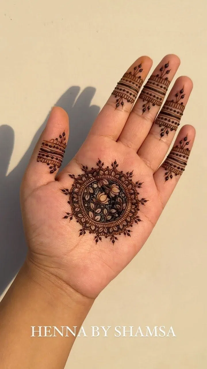 Simple Stylish Front Hand Mehndi Design with Gol Tikki, Jaal and Lotus