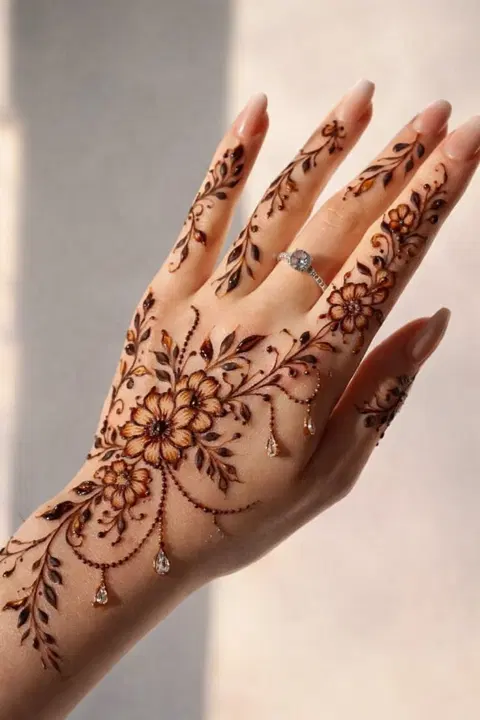 aesthetic arabic flower back hand mehndi design
