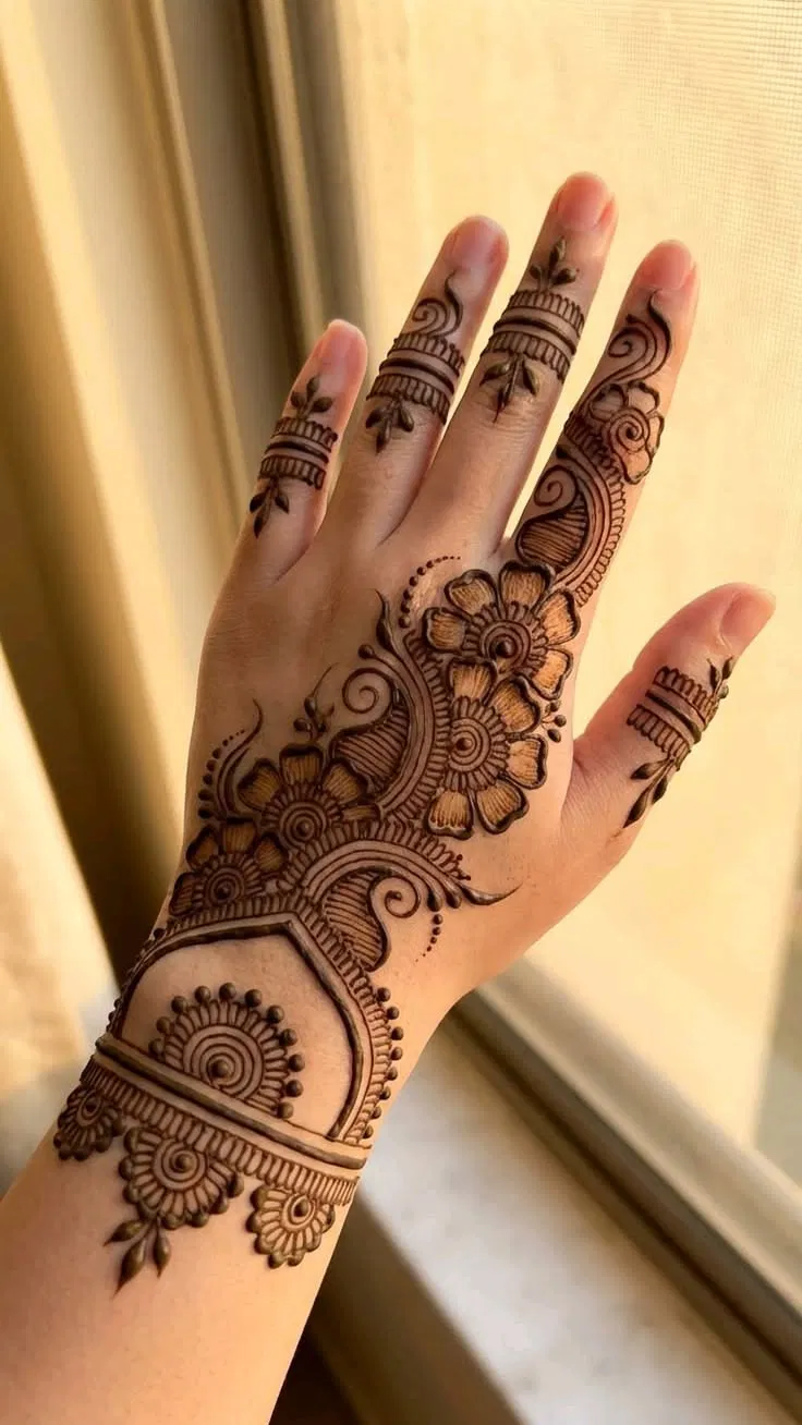 Aesthetic Arabic Back Hand Mehndi Design with Bel and Flowers