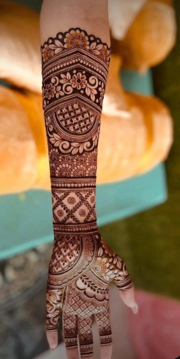 Arabic Bridal Arm Mehndi Design with Gol Tikki, Deity and Figures for Engagement