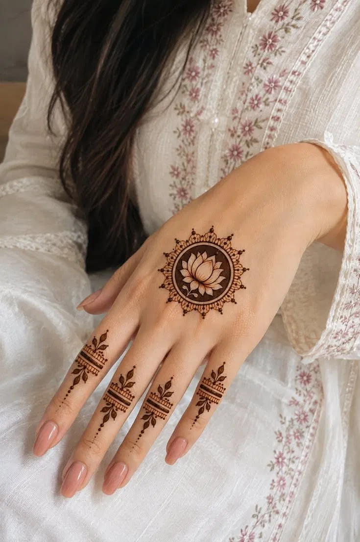 Aesthetic Minimal Back Hand Mehndi Design with Gol Tikki, Flowers and Lotus (6)