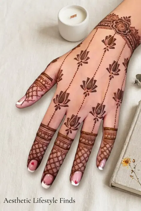 aesthetic simple lotus back hand mehndi design