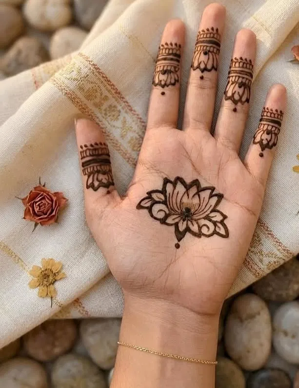 Aesthetic Simple Finger Mehndi Design with Flowers, Jaal and Lotus (2)