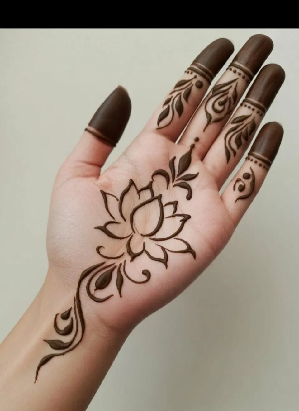 Arabic Minimal Front Hand Mehndi Design with Gol Tikki, Flowers and Lotus