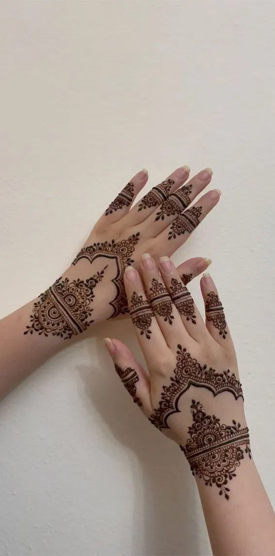 Aesthetic Royal Back Hand Mehndi Design with Jaal for Eid