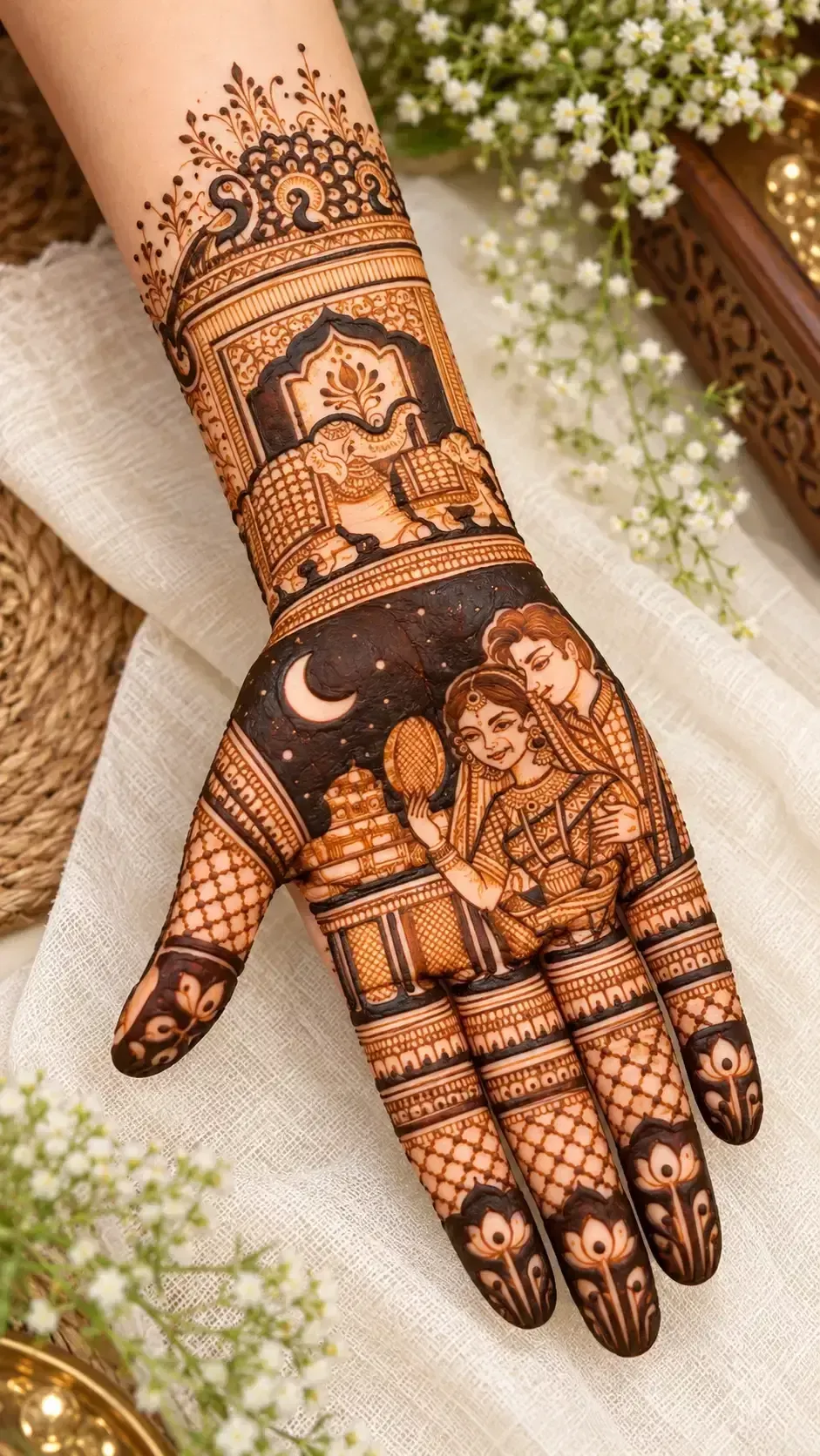 Bridal Stylish Full Hand Mehndi Design with Figures for Karwa Chauth