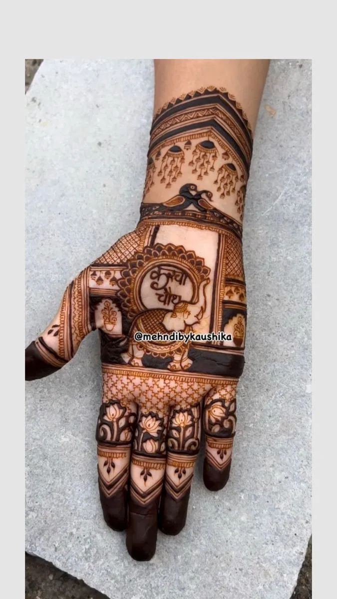 Bridal Stylish Back Hand Mehndi Design with Figures and Peacock for Karwa Chauth (4)