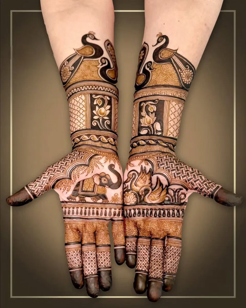 Bridal Indian Front Hand Mehndi Design with Gol Tikki and Figures for Engagement (2)