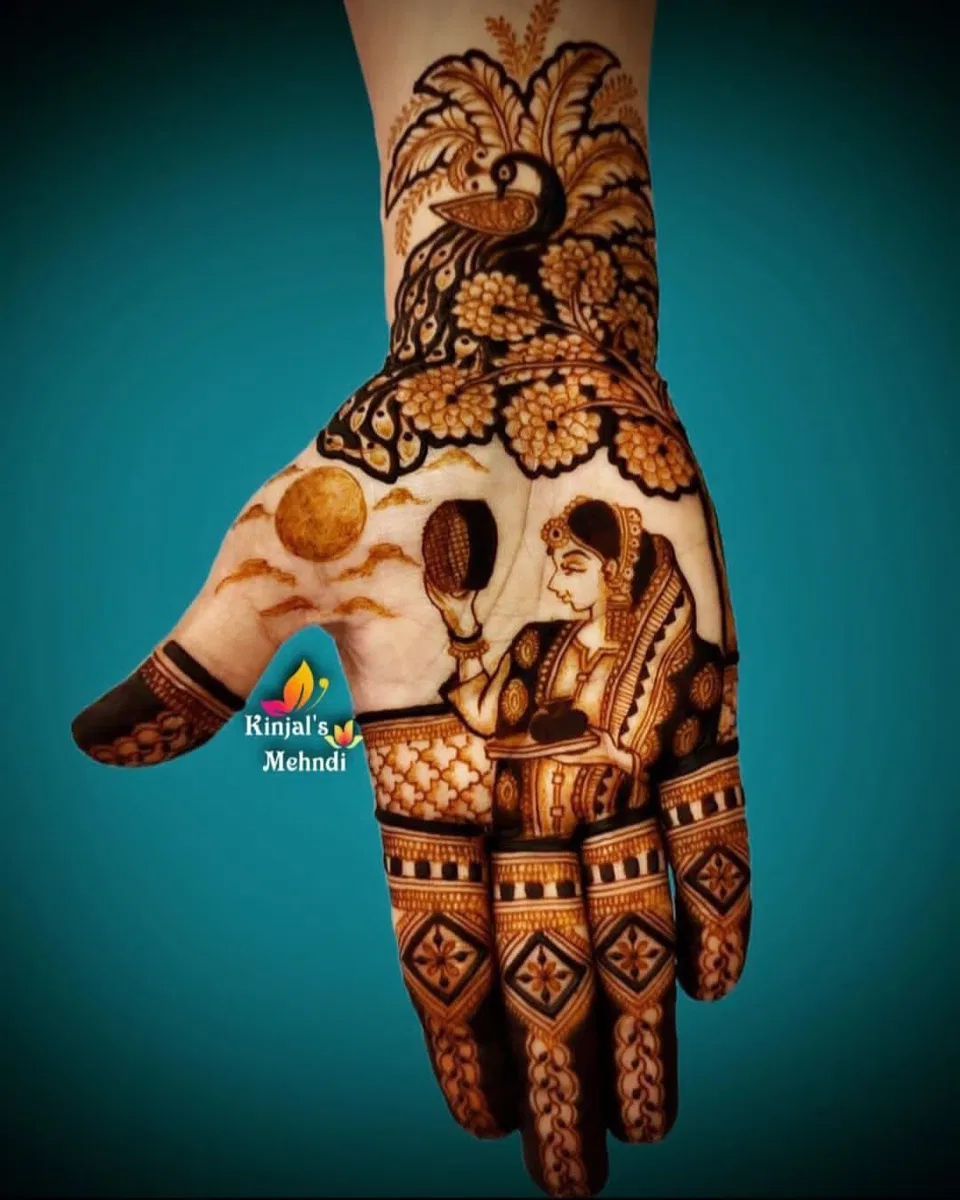 Bridal Stylish Back Hand Mehndi Design with Figures and Hearts for Karwa Chauth (6)