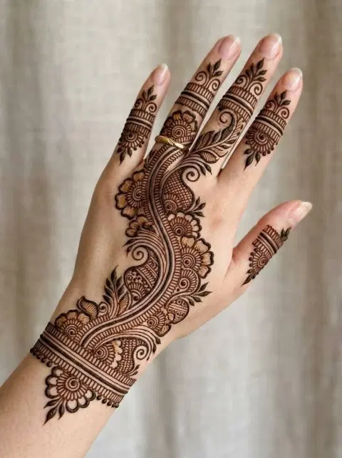 aesthetic arabic bel back hand mehndi design