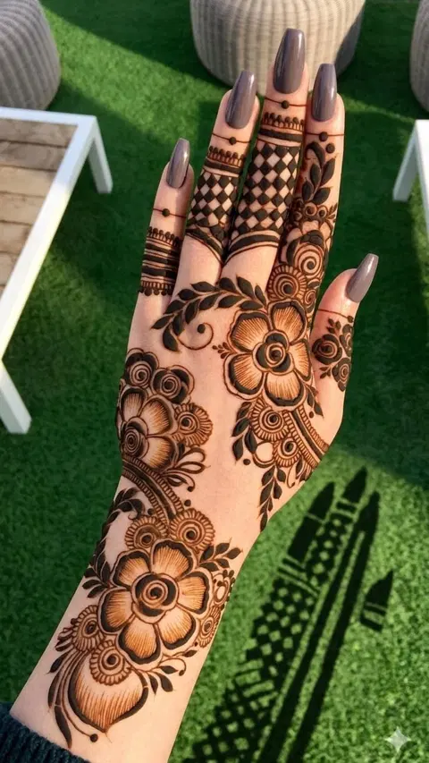 aesthetic arabic flower back hand mehndi design