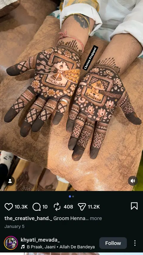bridal royal deity back hand mehndi design