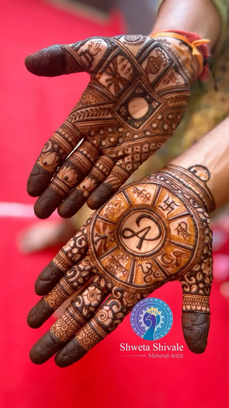 Bridal Royal Back Hand Mehndi Design with Gol Tikki, Deity and Figures
