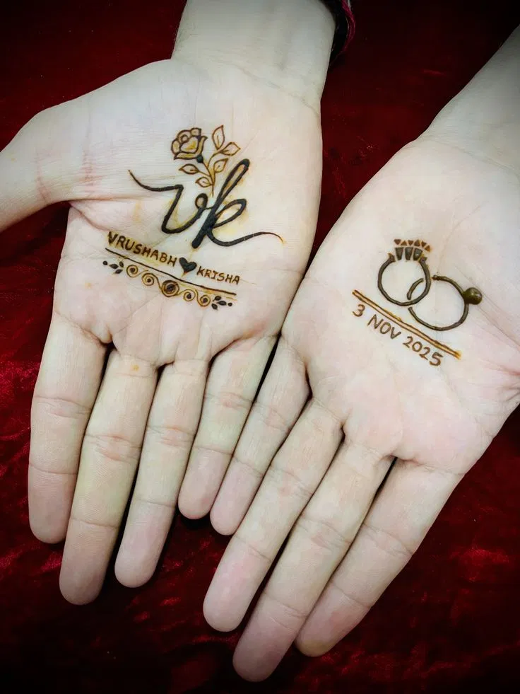 Minimal Royal Back Hand Mehndi Design with Deity, Figures and Hidden Name for Engagement