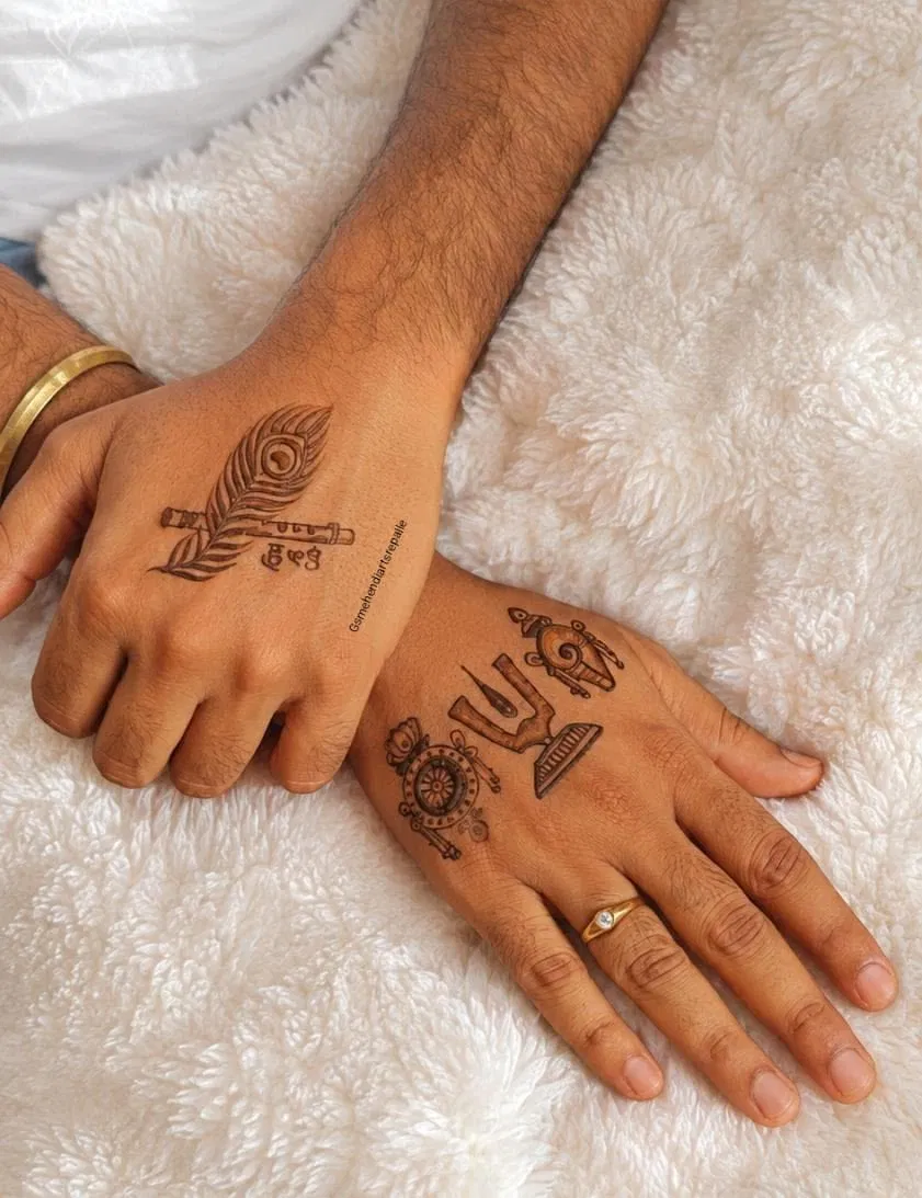 Simple Back Hand Mehndi Design with Deity and Jaal (3)