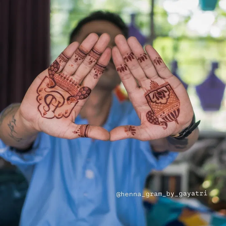 Simple Front Hand Mehndi Design with Deity and Hearts