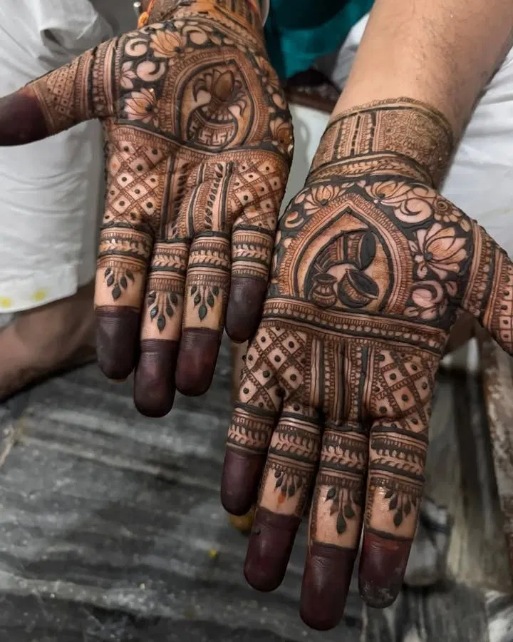 Bridal Royal Back Hand Mehndi Design with Deity for Engagement