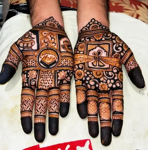 bridal indian deity back hand mehndi design