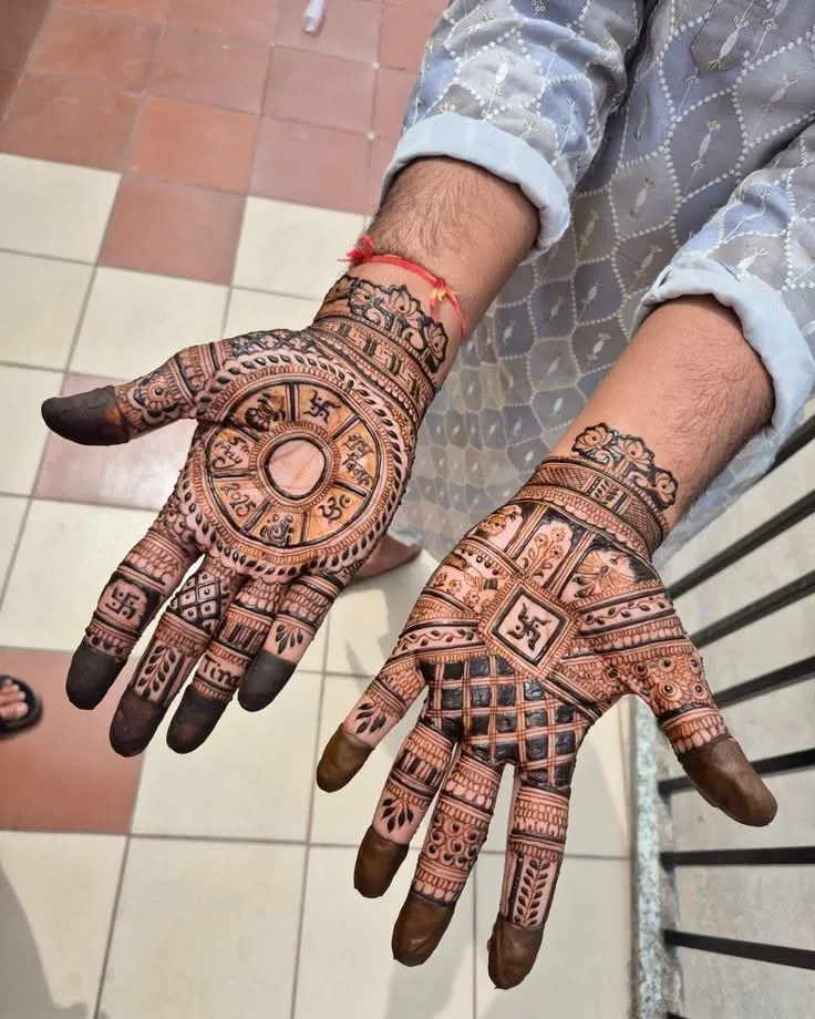 Bridal Royal Front Hand Mehndi Design with Gol Tikki and Deity
