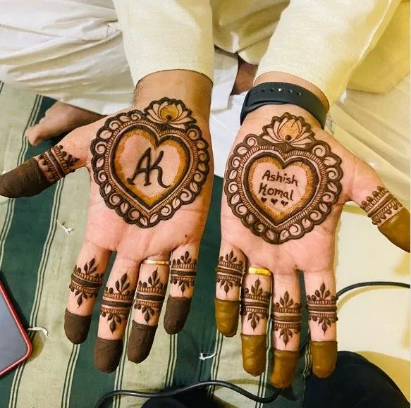Bridal Royal Back Hand Mehndi Design with Deity, Figures and Hearts