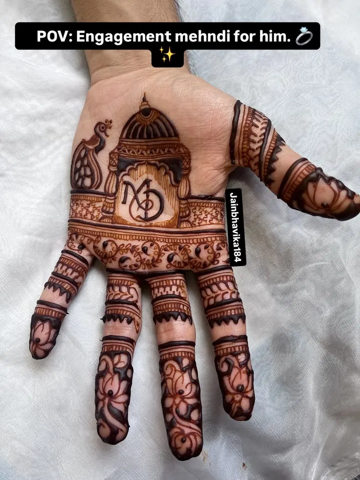 Arabic Bridal Front Hand Mehndi Design with Deity and Peacock