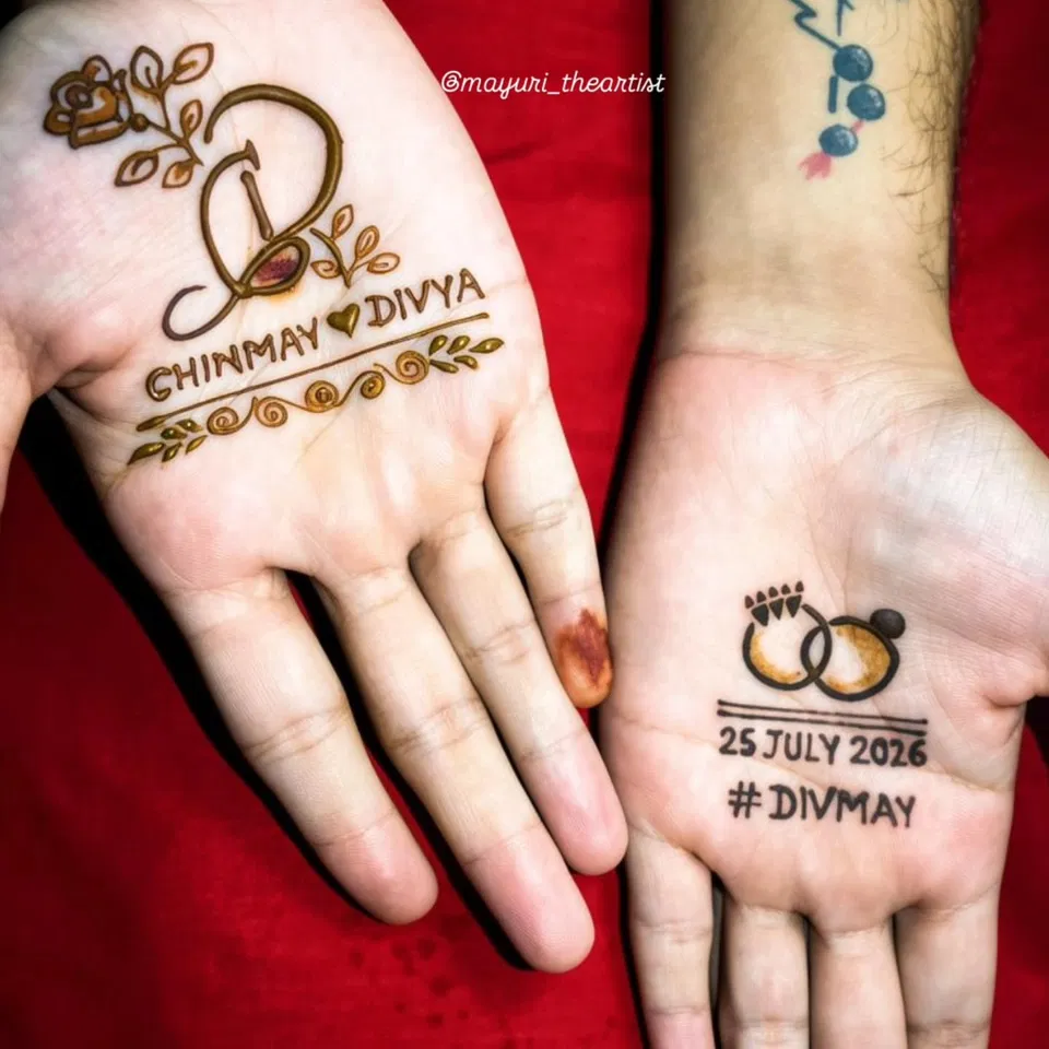 Simple Back Hand Mehndi Design with Deity and Figures for Engagement