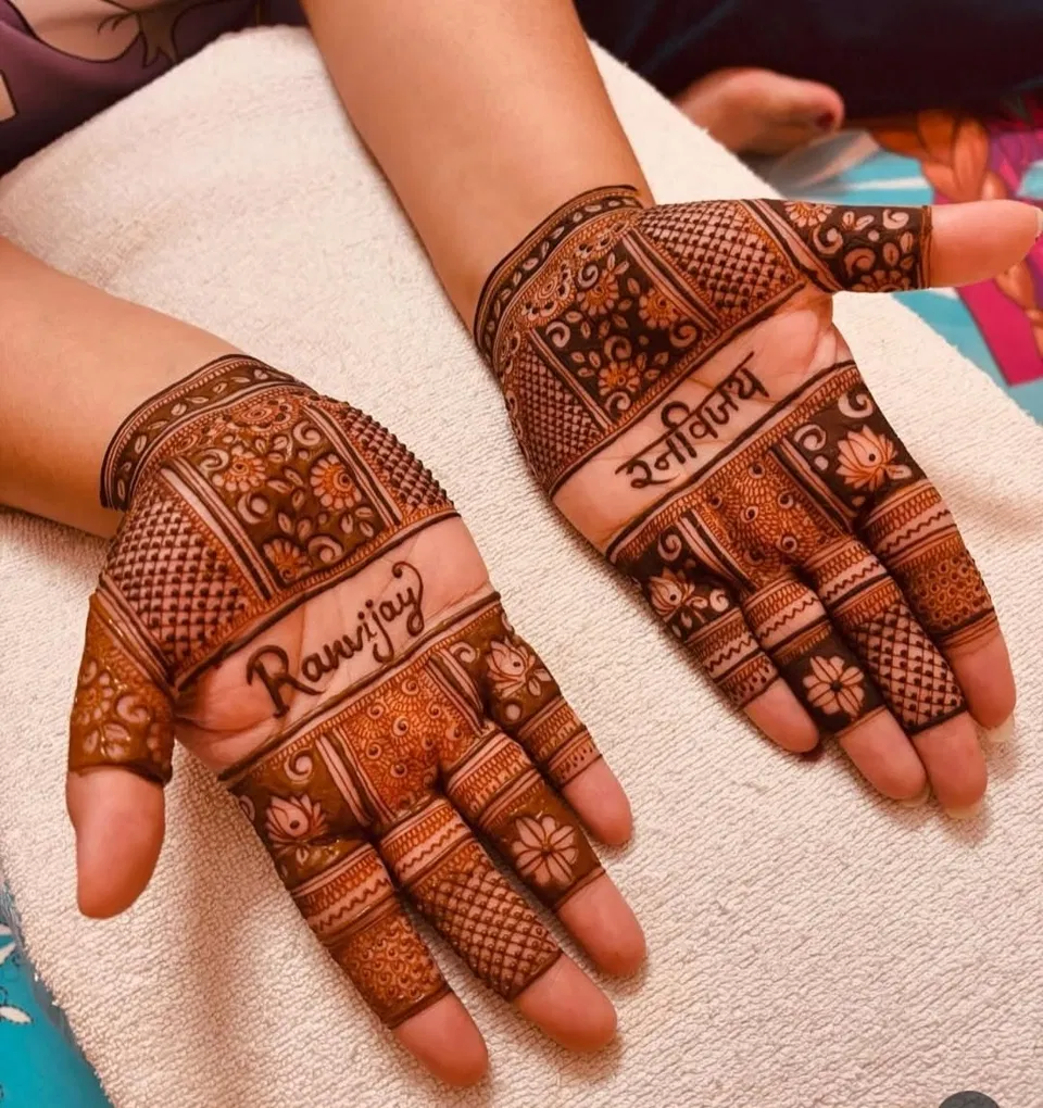 Bridal Simple Back Hand Mehndi Design with Deity for Engagement