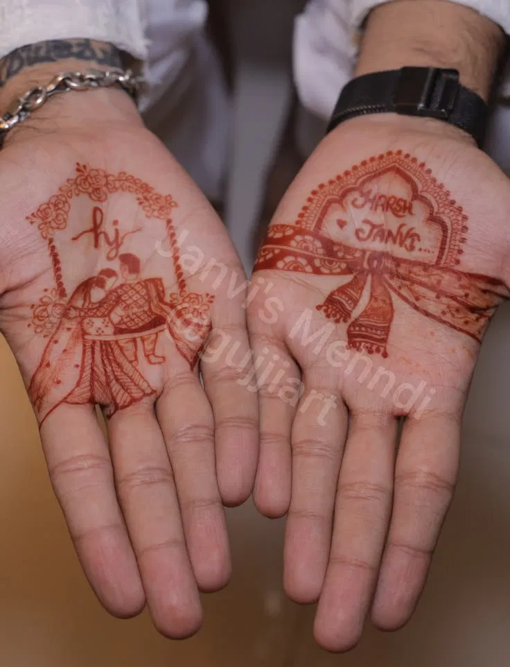 Royal Simple Back Hand Mehndi Design with Deity, Figures and Hearts