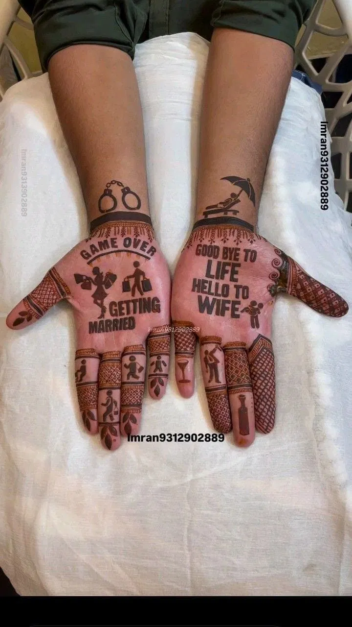 Bridal Royal Back Hand Mehndi Design with Deity, Figures and Jaal for Engagement