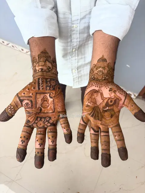 bridal royal deity back hand mehndi design
