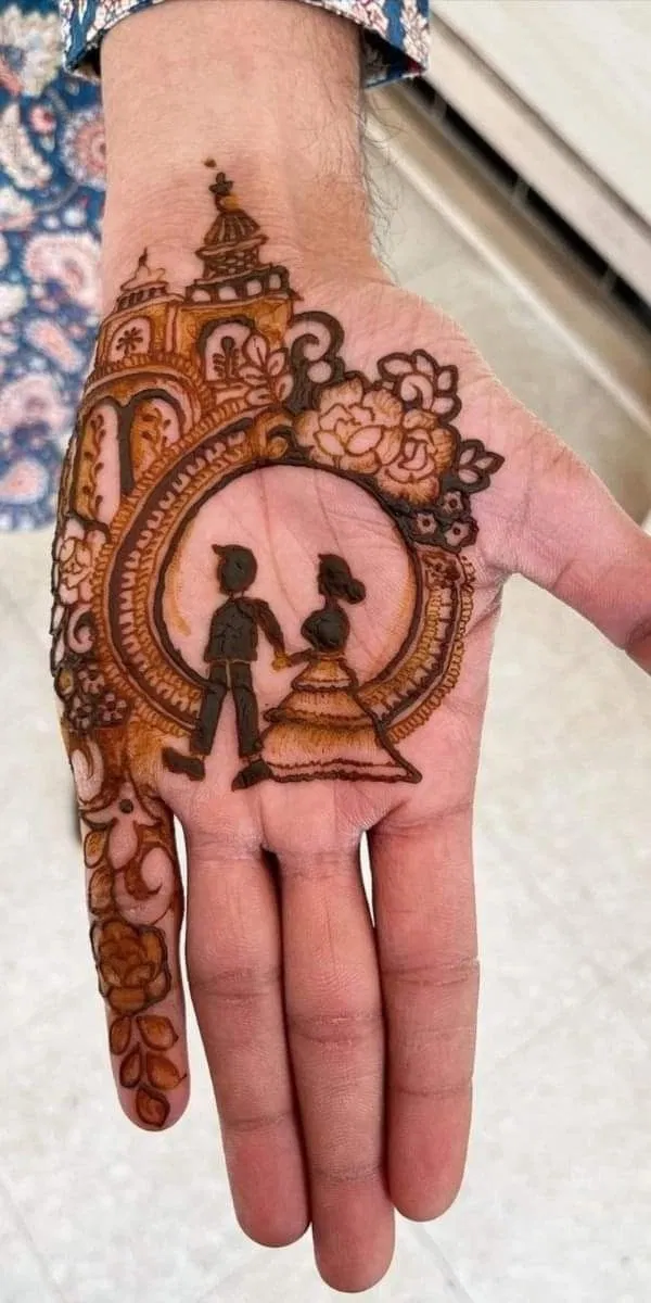 Royal Simple Back Hand Mehndi Design with Deity and Figures