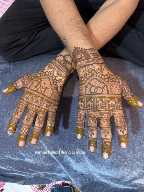 bridal royal deity back hand mehndi design