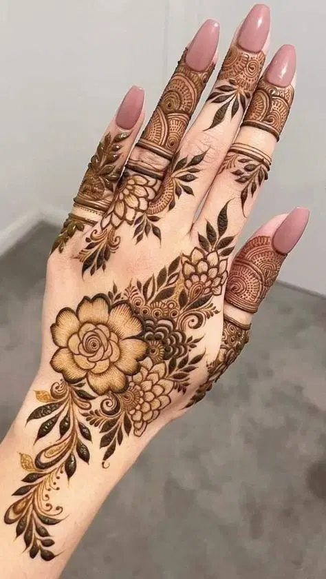 aesthetic arabic flower back hand mehndi design