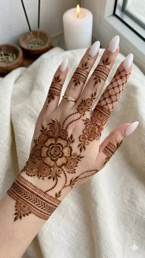 aesthetic arabic flower back hand mehndi design
