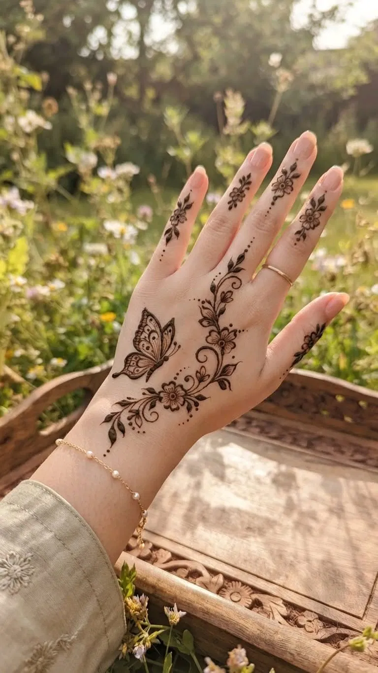 Aesthetic Arabic Back Hand Mehndi Design with Bel, Butterfly and Gol Tikki
