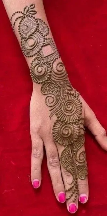 Arabic Bridal Back Hand Mehndi Design with Bel and Deity