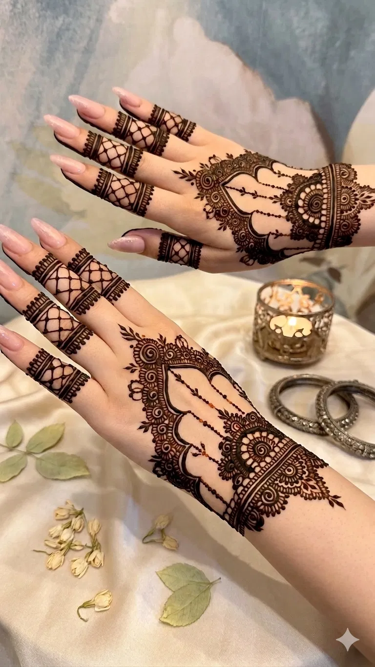 Bridal Stylish Back Hand Mehndi Design with Jaal for Eid
