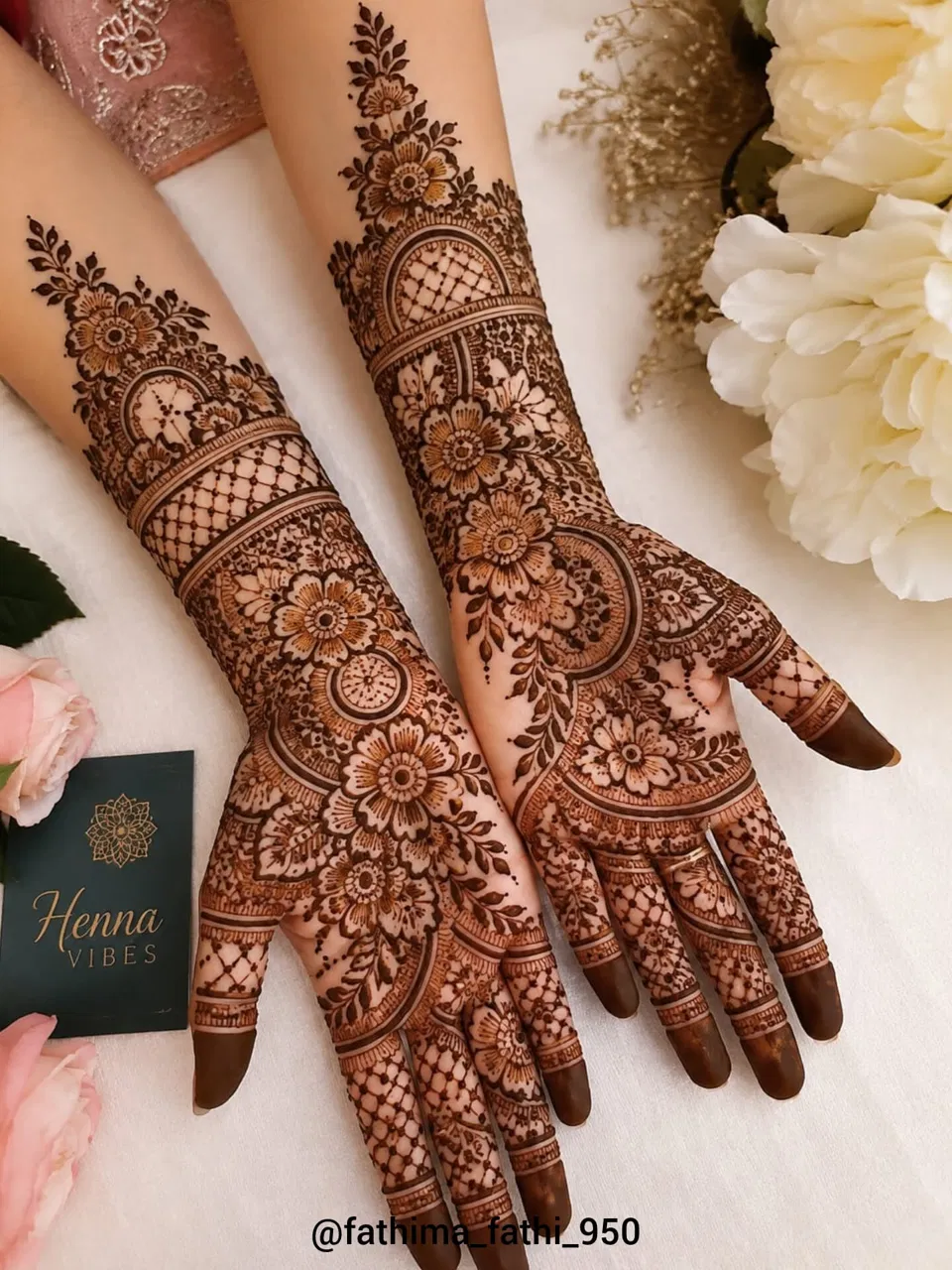 Arabic Bridal Front Hand Mehndi Design with Deity and Flowers