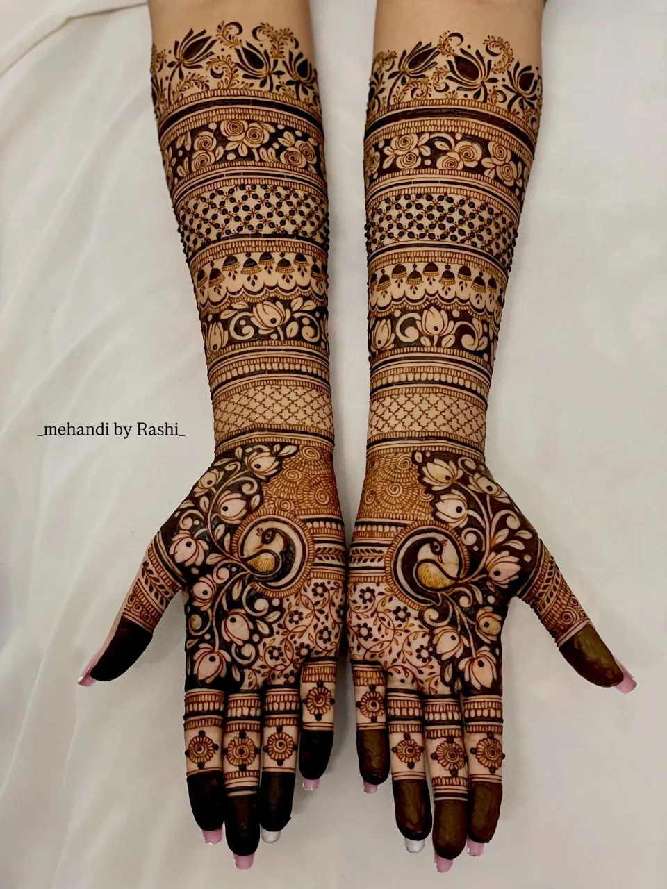 Aesthetic Bridal Arm Mehndi Design with Figures and Jaal