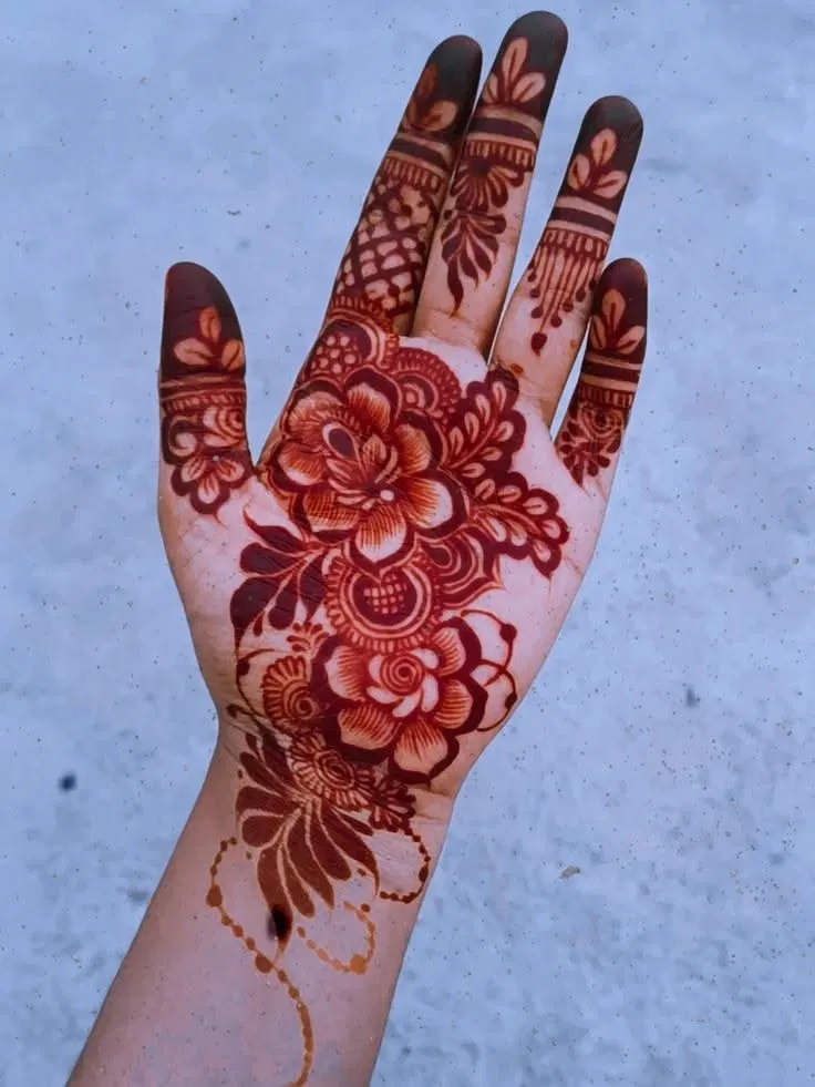 Aesthetic Arabic Front Hand Mehndi Design with Gol Tikki, Figures and Flowers