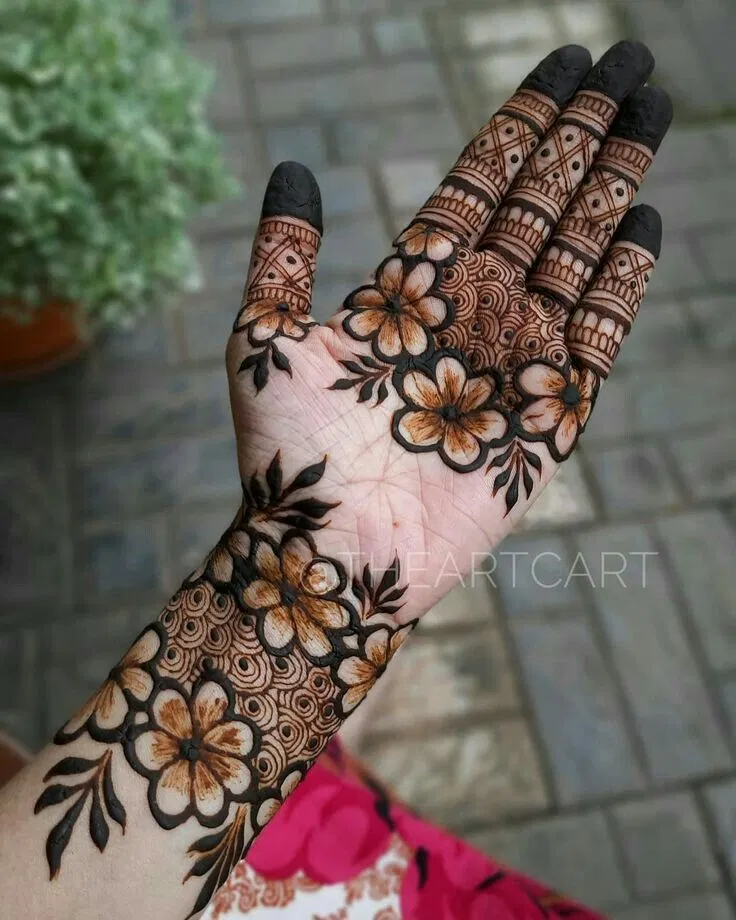 Aesthetic Arabic Front Hand Mehndi Design with Flowers and Jaal (5)
